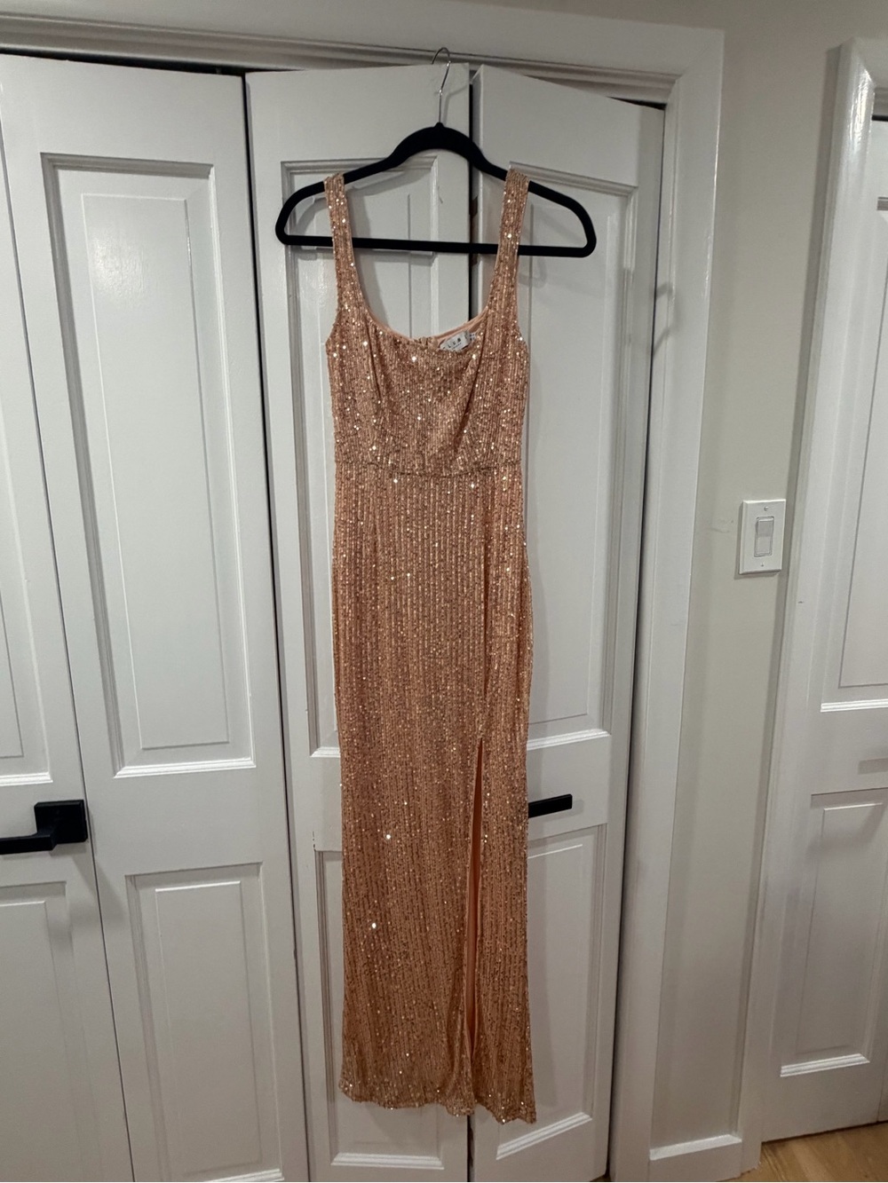 Club London Sequin Square Neck Evening Gown in Blush Gold